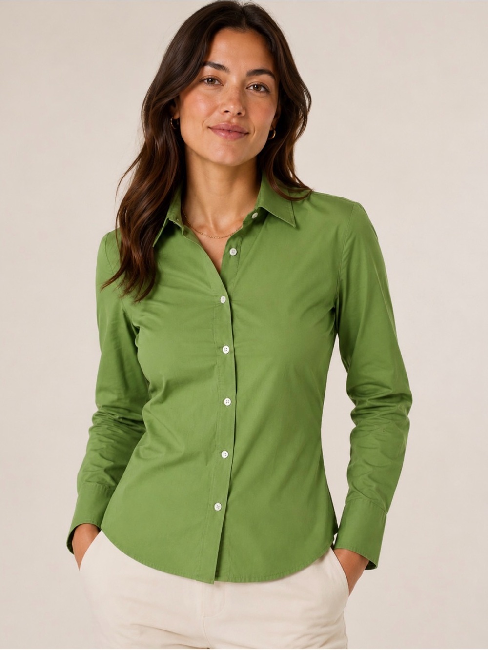 J.Crew Green Stretch Cotton Fitted Button Up Blouse Long Sleeve Medium